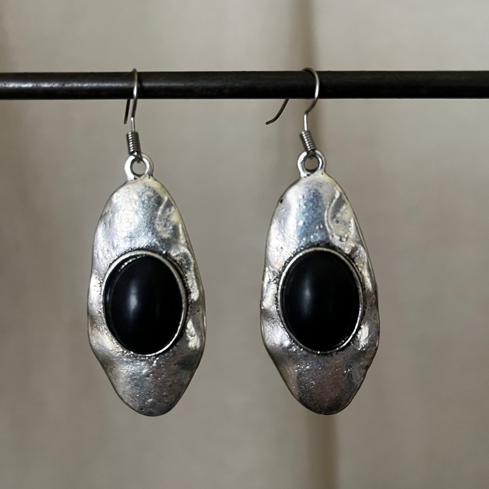 Vintage Sculptural Silver Tone Black Cabochonβ Statement Earrings 2.5" Drop